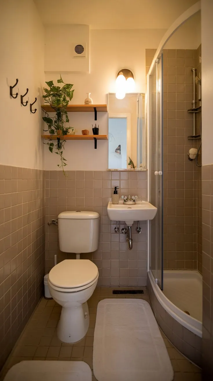 A small but inviting apartment bathroom boasts beige tiles, white amenities, and subtle wooden details creating a warm and welcoming space.