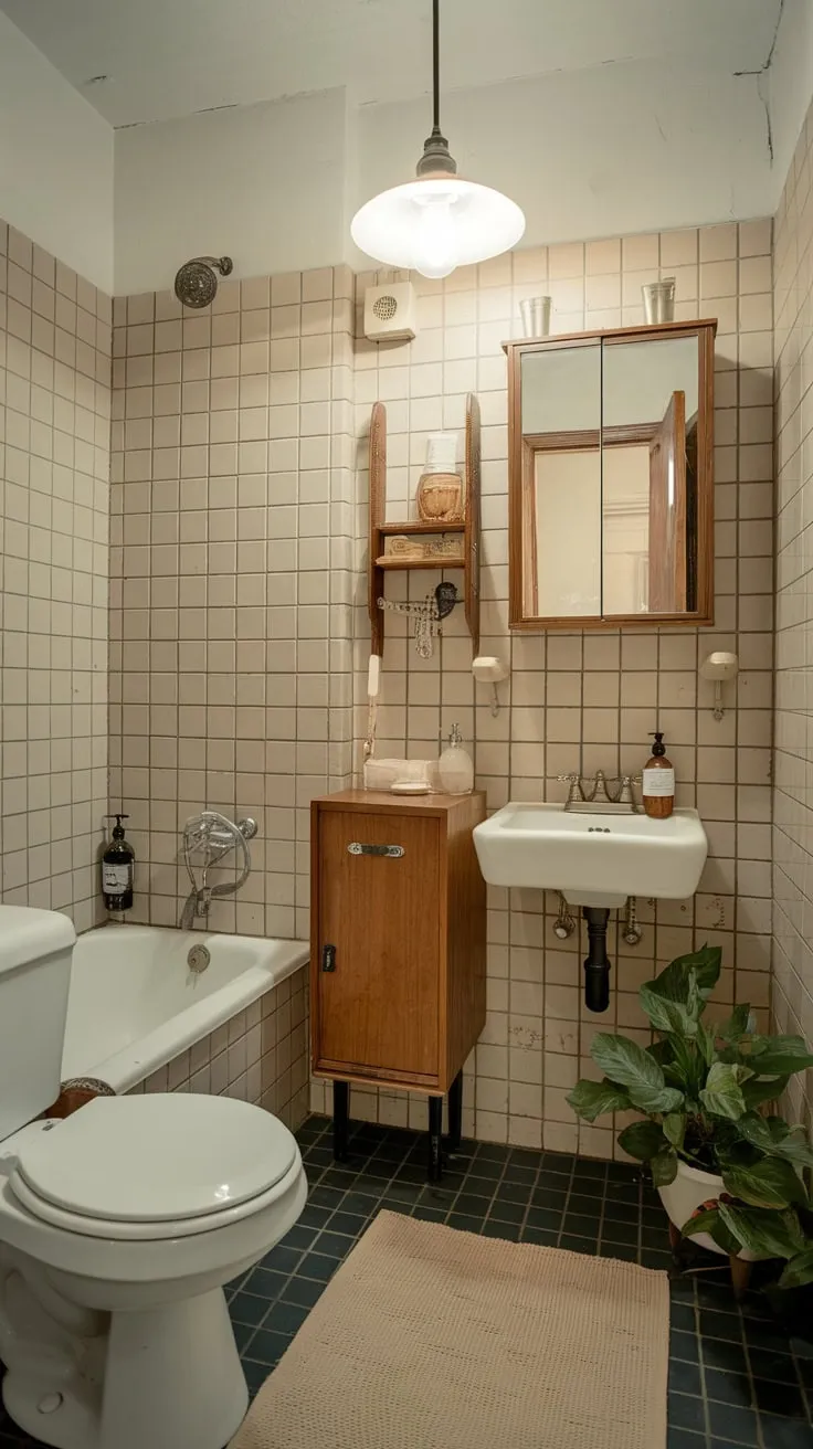 Charming vintage details and a small footprint define this college apartment's tiled bathroom, complete with a wooden cabinet and potted plant.