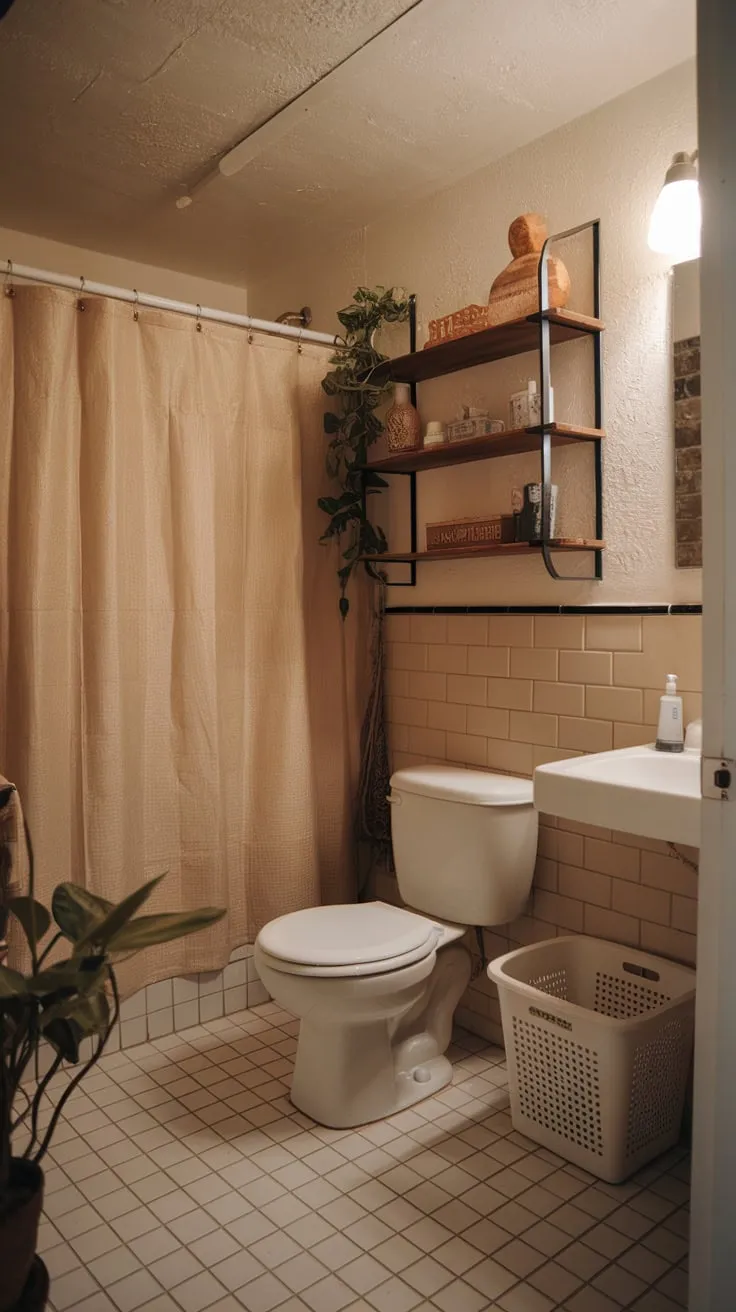 Warm lighting highlights a charming apartment bathroom with white fixtures, beige tile, and natural accents.