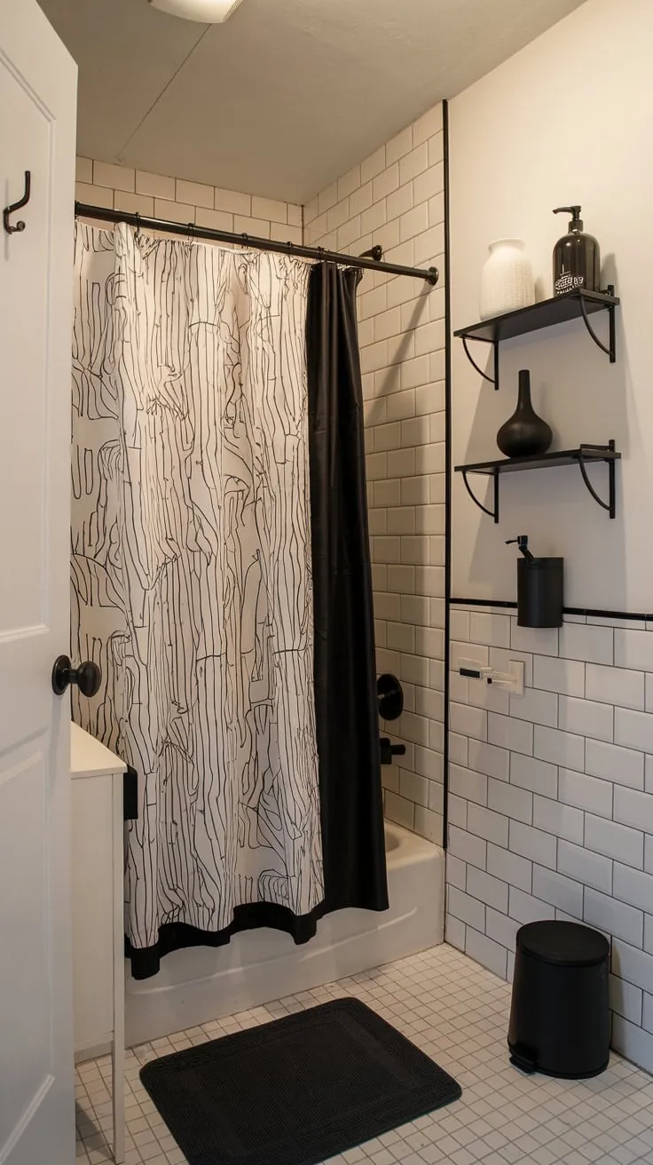 A cozy college apartment bathroom boasts a chic white and black aesthetic with patterned shower curtain, stylish storage, and a white tiled floor.