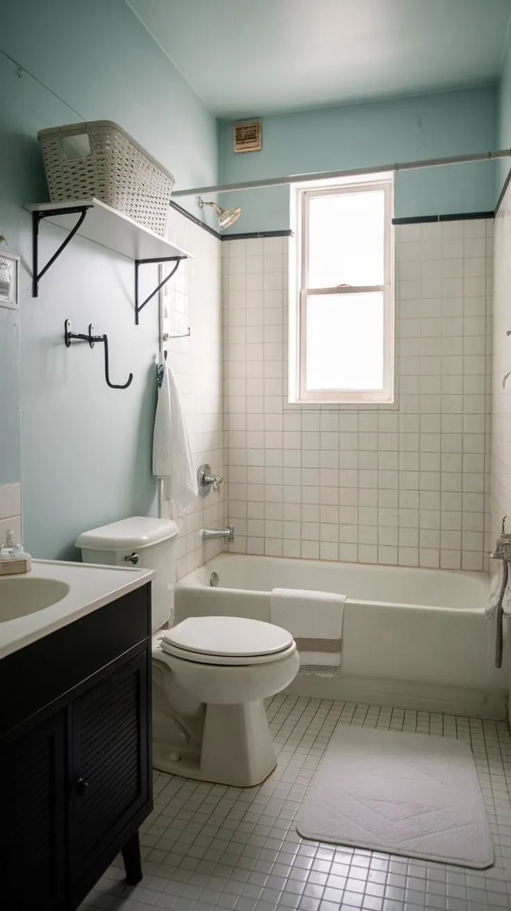 A vintage-inspired college apartment bathroom boasts a charming light blue aesthetic with white fixtures and black accents.