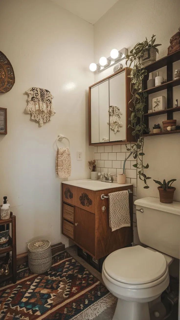 Brightly lit and charming, a small apartment bathroom features a vintage aesthetic with a wooden vanity, patterned rug, and a touch of greenery.