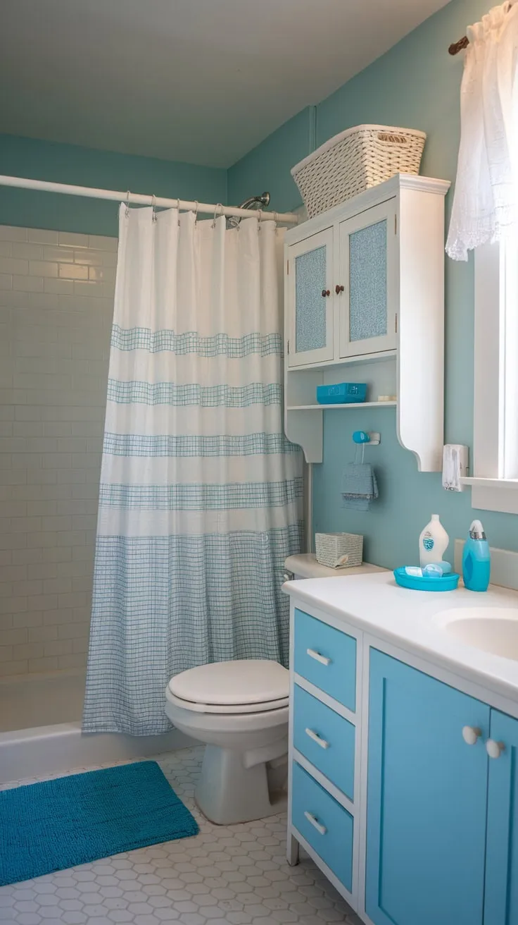 A serene coastal-themed college apartment bathroom boasts a calming blue and white palette, complete with charming nautical accents.