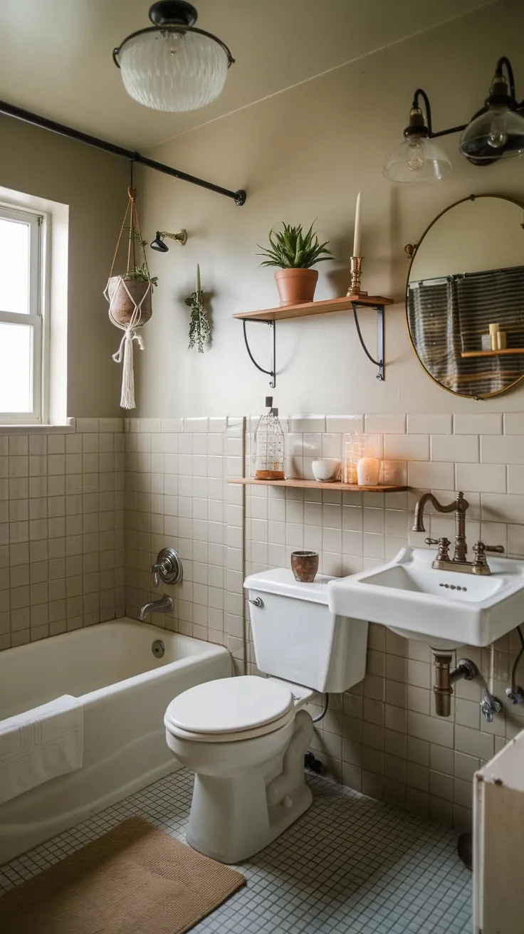 Charming vintage details transform a small college apartment bathroom into a cozy and stylish retreat.