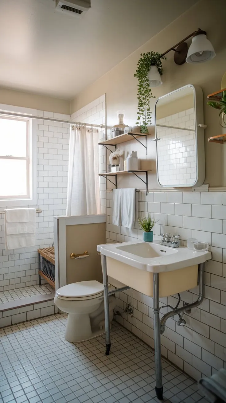 A quaint college apartment bathroom boasts vintage style, featuring tiled surfaces, a plant-adorned shelf, and a private toilet.