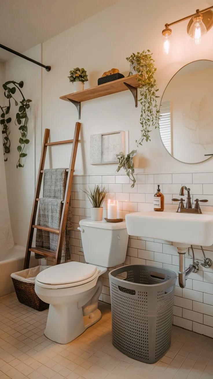 Warm lighting illuminates a charming college apartment bathroom featuring wood accents and greenery against a backdrop of white fixtures and beige tile.
