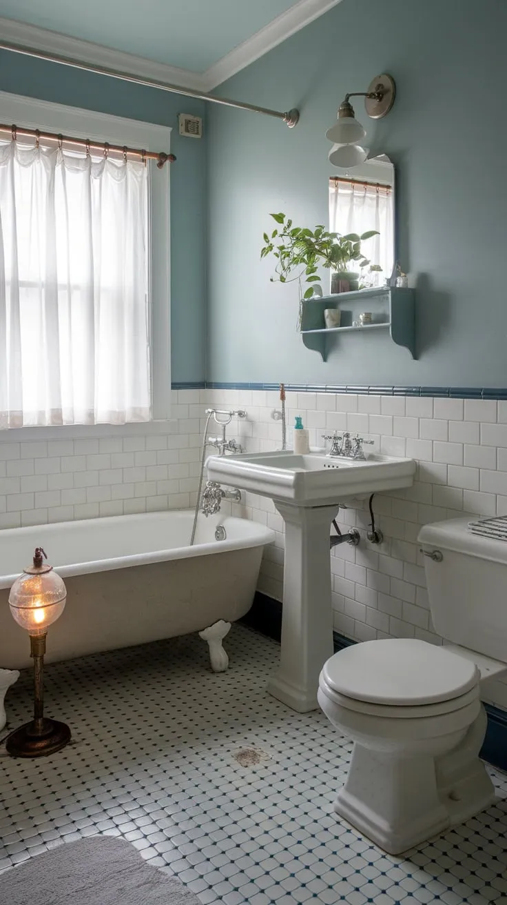 Light blue walls and a white and blue checkered floor create a charming vintage atmosphere in this small college apartment bathroom, complete with a pedestal sink and a plant.