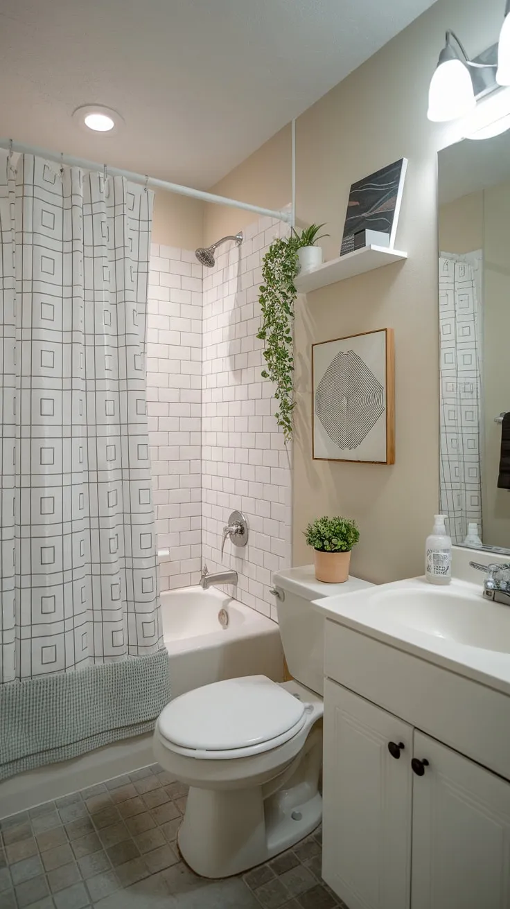 A minimalist college apartment bathroom boasts a clean white palette, geometric shower curtain, and small potted plant, creating a surprisingly stylish space