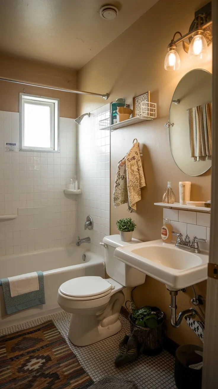 Warmth and vintage charm fill a small college apartment bathroom, complete with a white tub and quirky details.