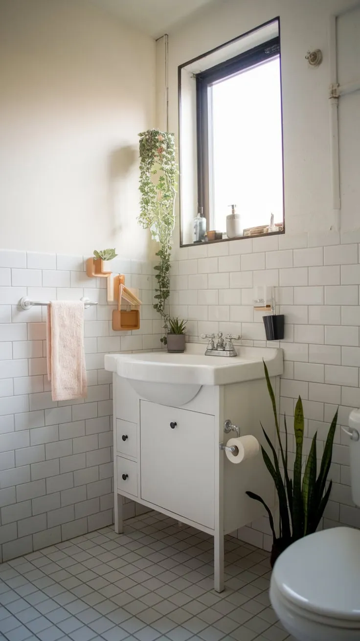 A bright, minimalist bathroom in a college apartment features white tiles, simple fixtures, and a few well-chosen plants, creating a serene atmosphere.