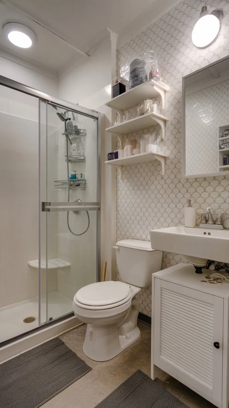 A stylish small apartment bathroom boasts a white and gray palette, clever storage, and patterned wallpaper.