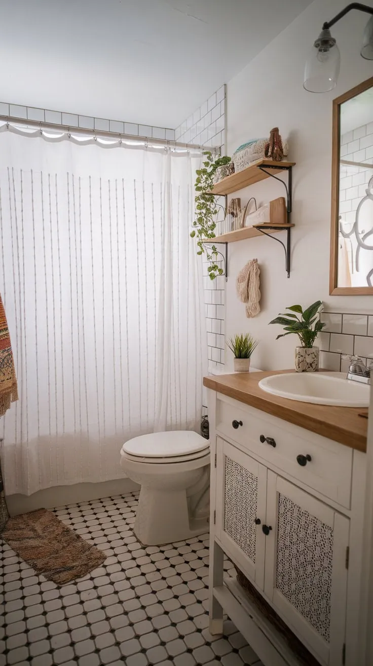 A small, well-organized college bathroom showcases a charming bohemian style through patterned textiles, wooden details, and carefully chosen plants.