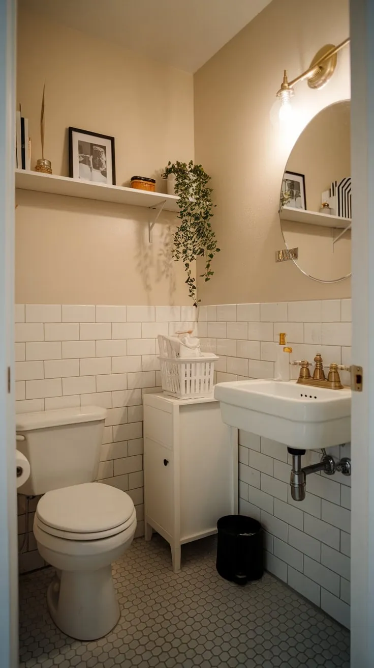 Warm lighting illuminates a minimalist college apartment bathroom, featuring white tiles, brass accents, and carefully curated personal touches.