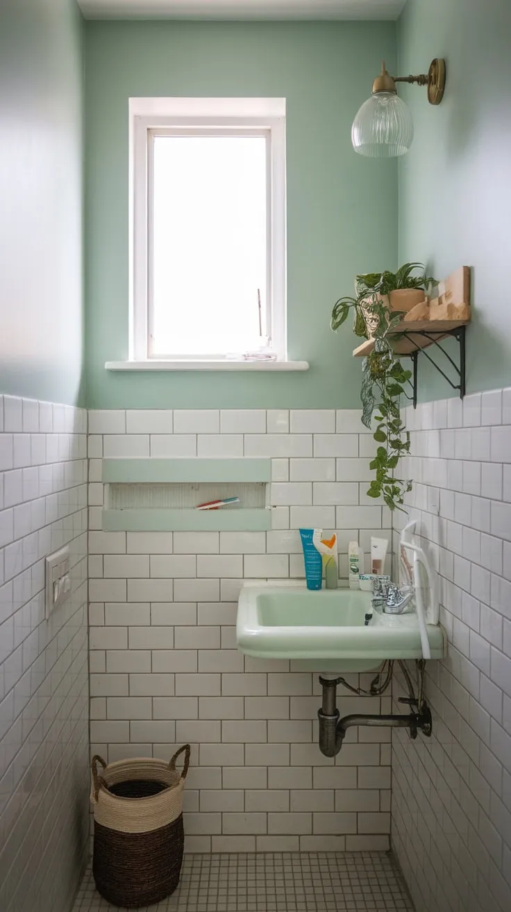 Mint green walls and white subway tiles create a quaint and functional college apartment bathroom, complete with personal touches like a potted plant and vintage lamp.