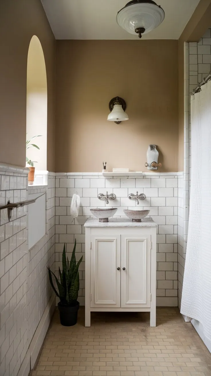 Beige tiles and a vintage light fixture complete the quaint aesthetic of this small college apartment bathroom.