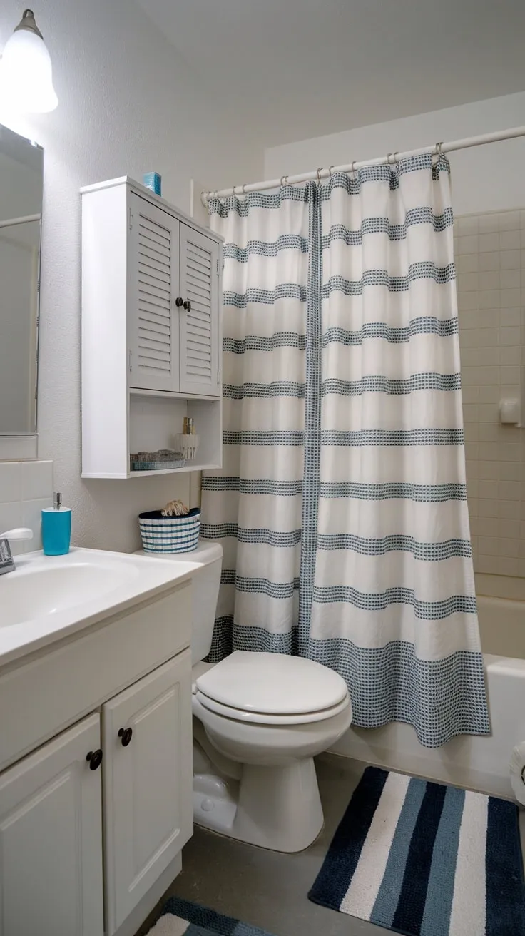 A small white bathroom, accented with blue and white stripes, offers a clean and cheerful college apartment space.