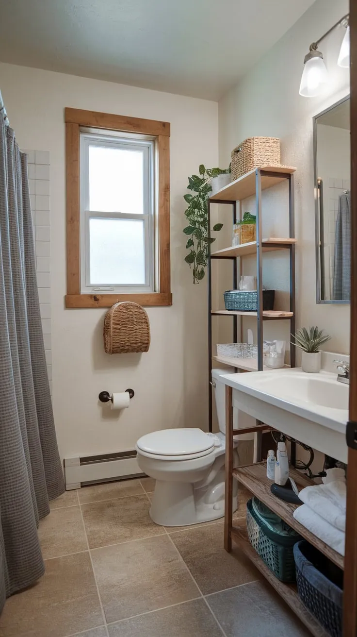 A charmingly organized college apartment bathroom boasts a small window, white fixtures, and clever storage solutions.