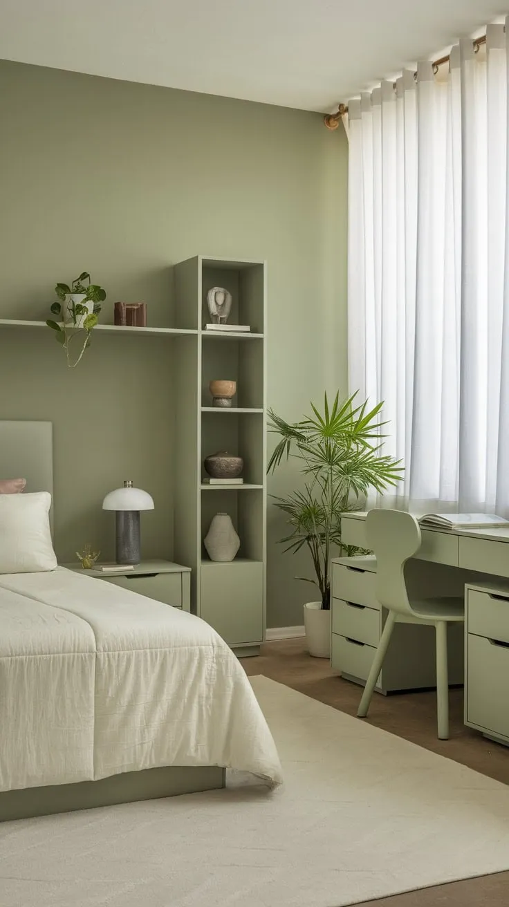 A modern apartment bedroom's sage green walls and white furnishings create a peaceful and stylish retreat.