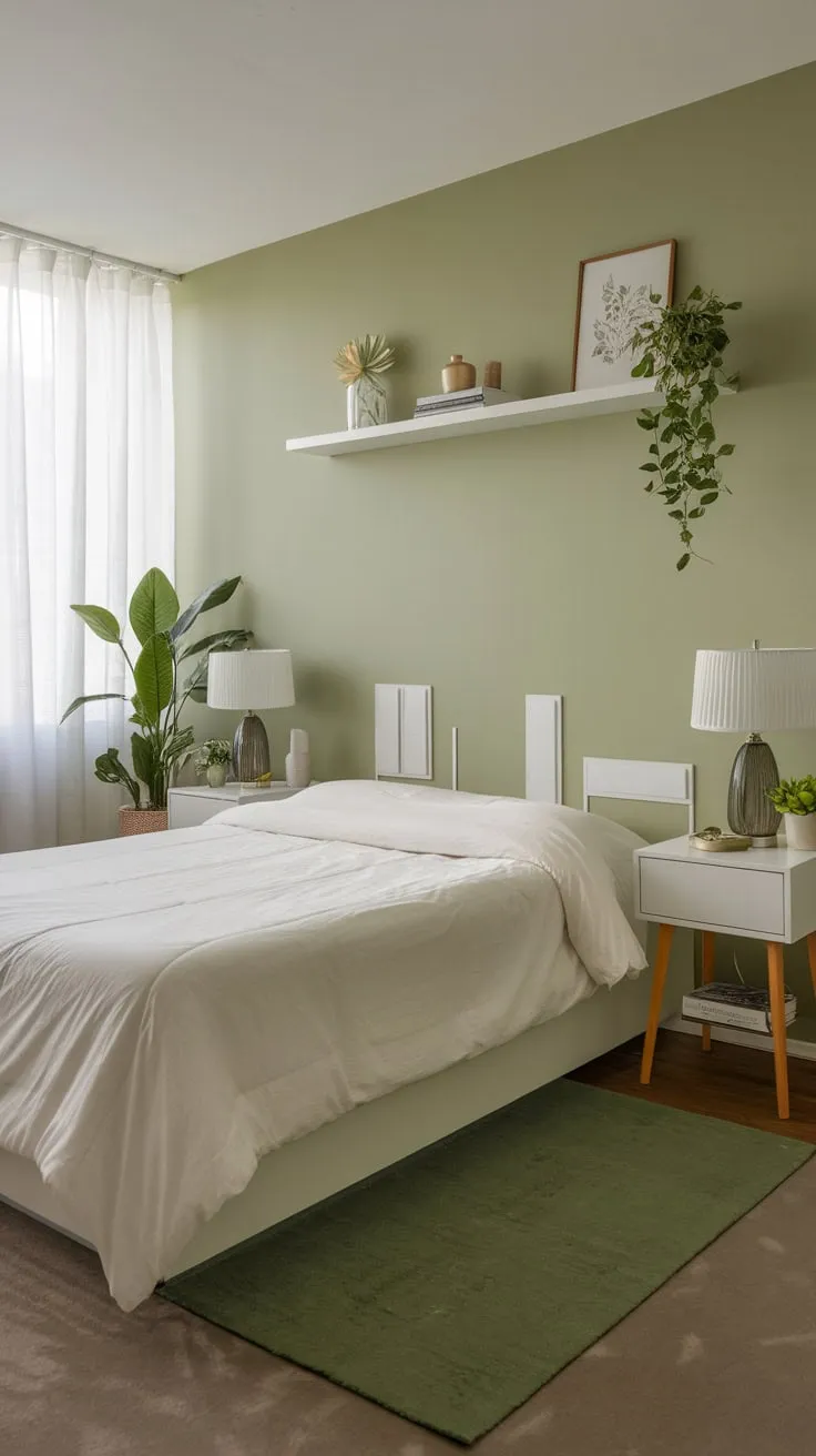 A serene sage green apartment bedroom features a queen bed, white accents, and pops of green for a calming modern aesthetic