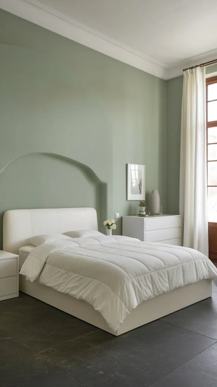 A serene sage green apartment bedroom features a queen bed, white accents, and dark grey tile flooring.