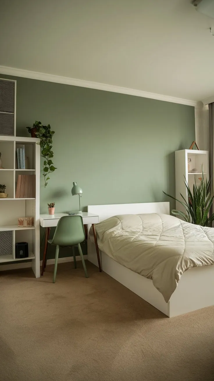 A calming sage green accent wall complements the minimalist white furniture and soft lighting in this modern apartment bedroom.