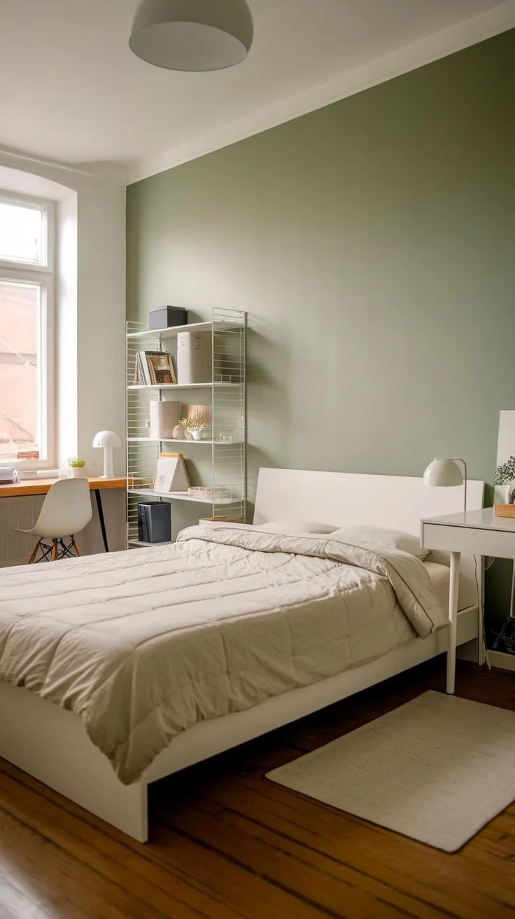 A serene apartment bedroom features a sage green wall, white furniture, and warm wood floors creating a peaceful retreat.