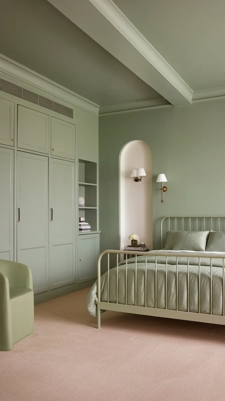 A calming sage green apartment bedroom boasts minimalist design with white accents and a touch of charm.