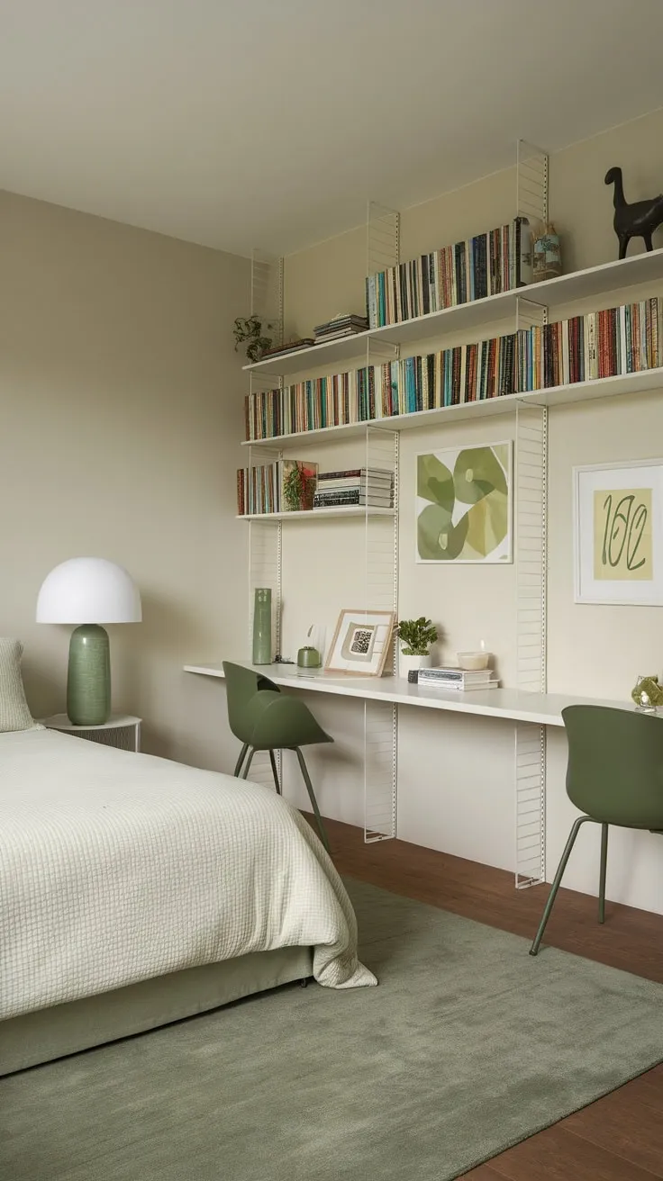 A serene apartment bedroom features a calming green theme, accented by white furniture and a thoughtfully curated bookshelf.
