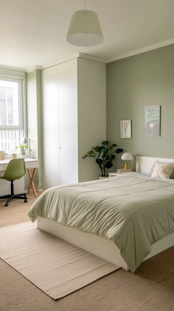 A serene sage green apartment bedroom features a queen bed, white accents, and a workspace by the window, creating a calming and stylish retreat
