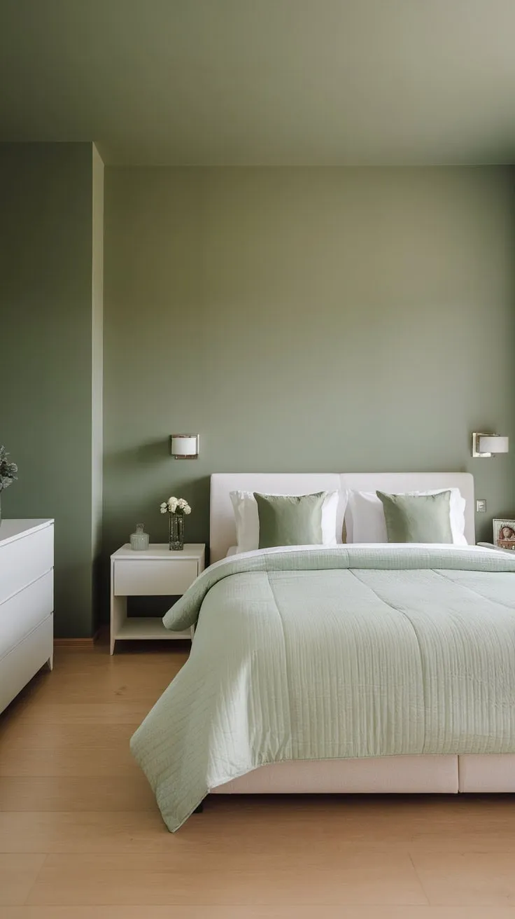 Soft lighting and a sage green palette create a tranquil haven in this modern apartment bedroom.