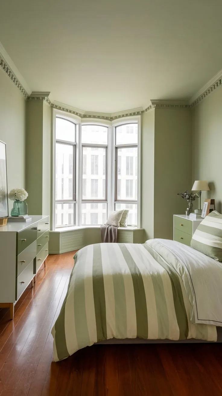 Sunlight streams into a calming sage green apartment bedroom featuring a striped bed and matching dresser, creating a comfortable atmosphere
