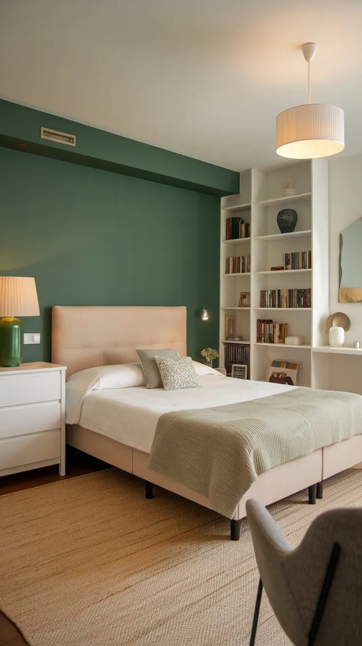 A calming modern apartment bedroom features a green accent wall and tasteful beige and white furnishings, creating a relaxed atmosphere.
