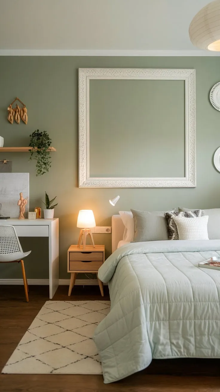 A serene sage green apartment bedroom features a cozy bed, white accents, and tasteful décor creating a calming atmosphere