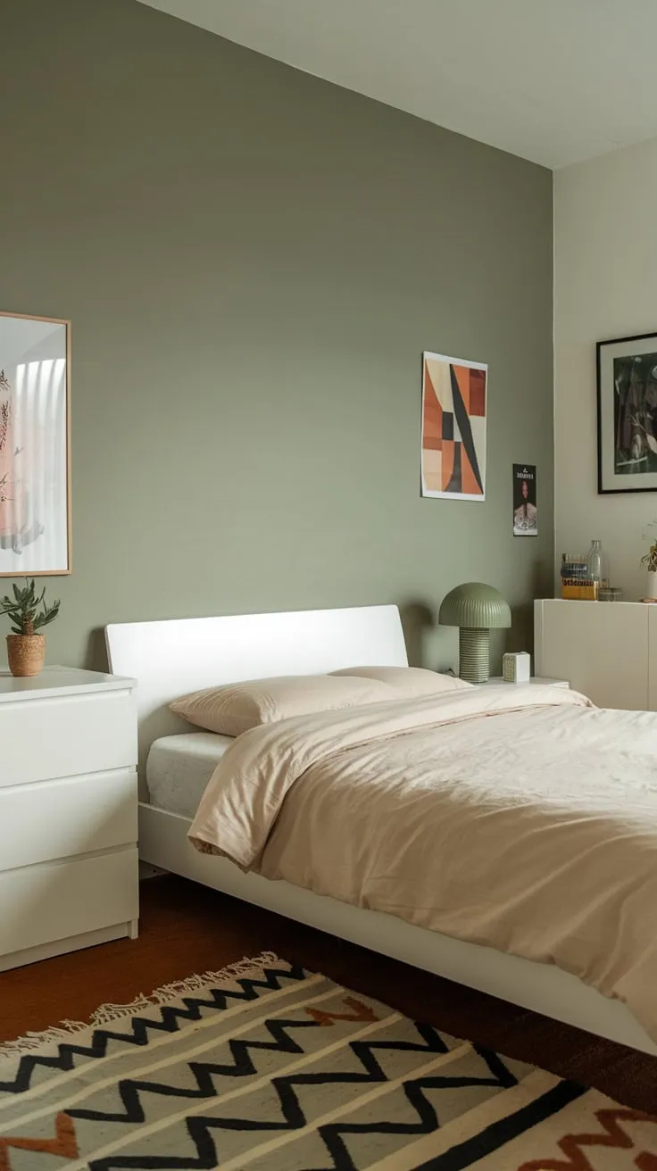 A calming sage green accent wall complements the minimalist white furniture and geometric rug in this modern apartment bedroom.