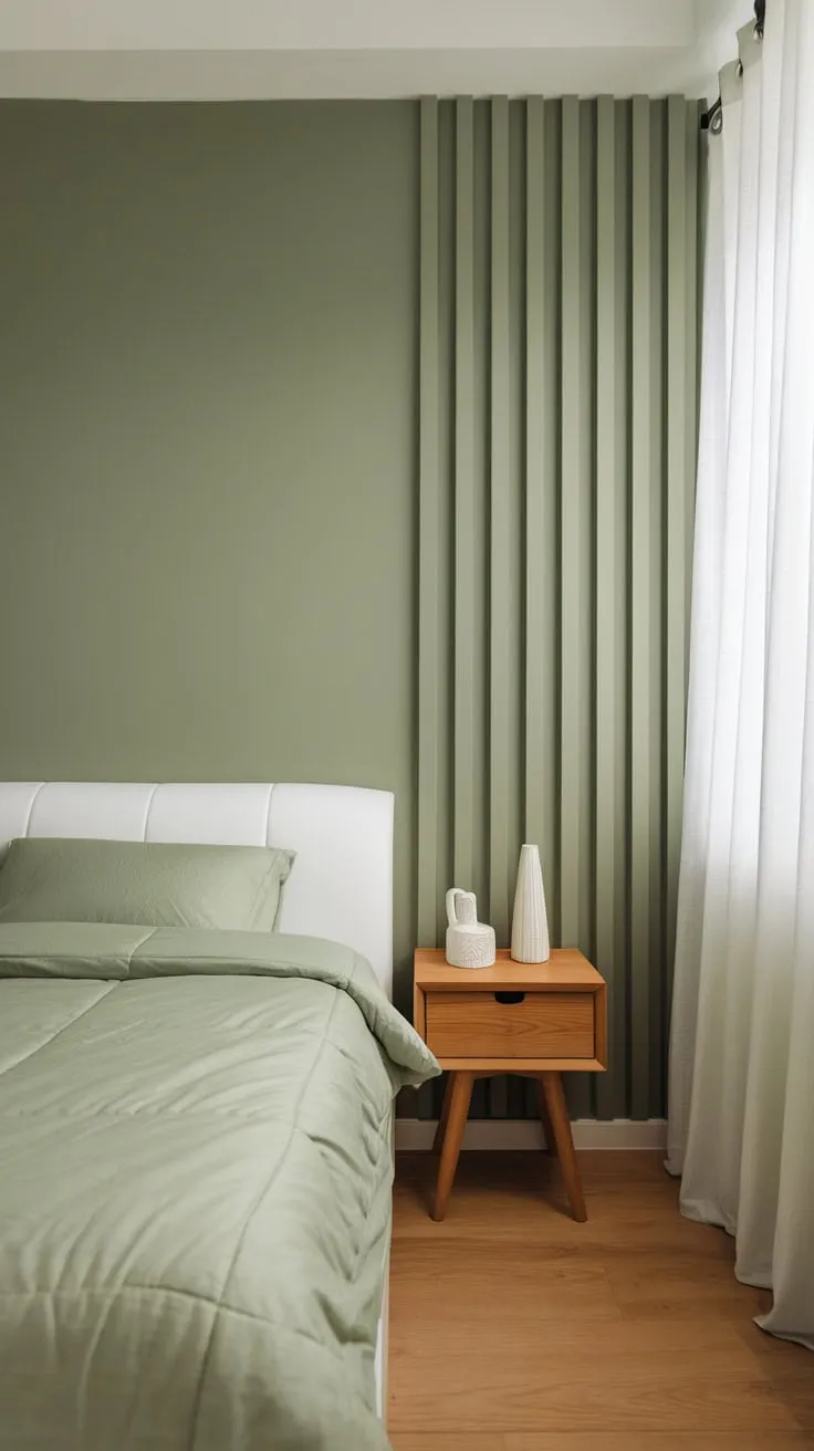 A calming apartment bedroom features a sage green wall, white bedding, and simple wooden accents creating a peaceful atmosphere.