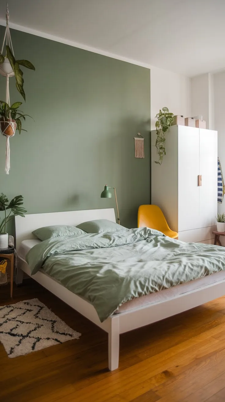 Hardwood floors and hanging plants complete the modern, inviting atmosphere of this sage-green accented apartment bedroom.
