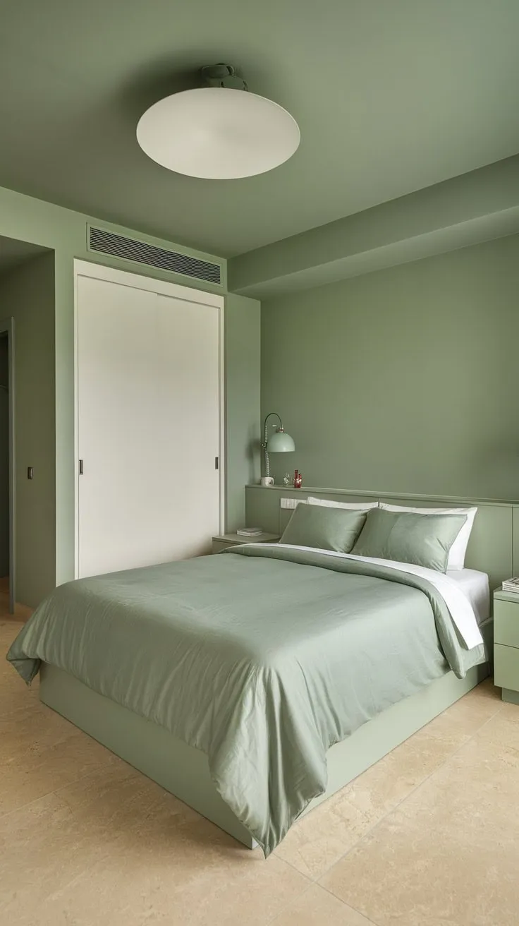 Soft sage green walls and bedding create a serene atmosphere in this modern apartment bedroom.