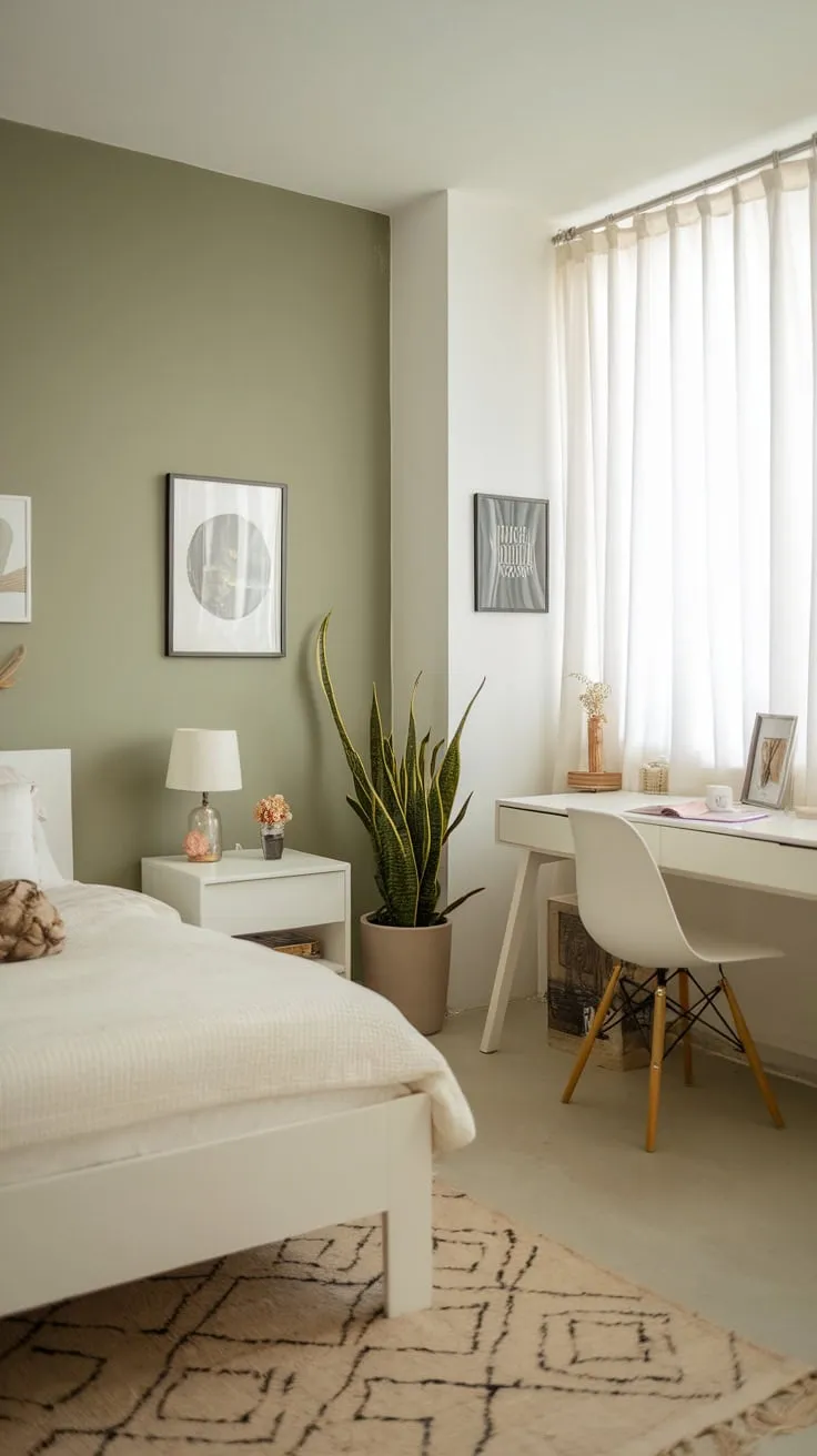 A calming sage green accent wall complements the minimalist white furniture and natural light in this modern apartment bedroom.