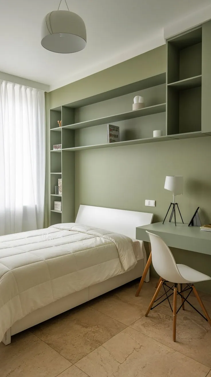 Modern white accents highlight a calming sage green apartment bedroom with a queen-size bed and beige tile floors.