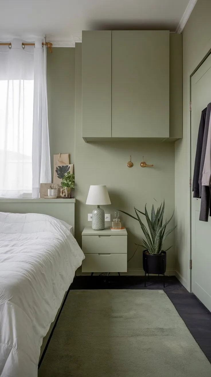 A serene sage green apartment bedroom, accented with white, offers a calming retreat with thoughtful personal touches.