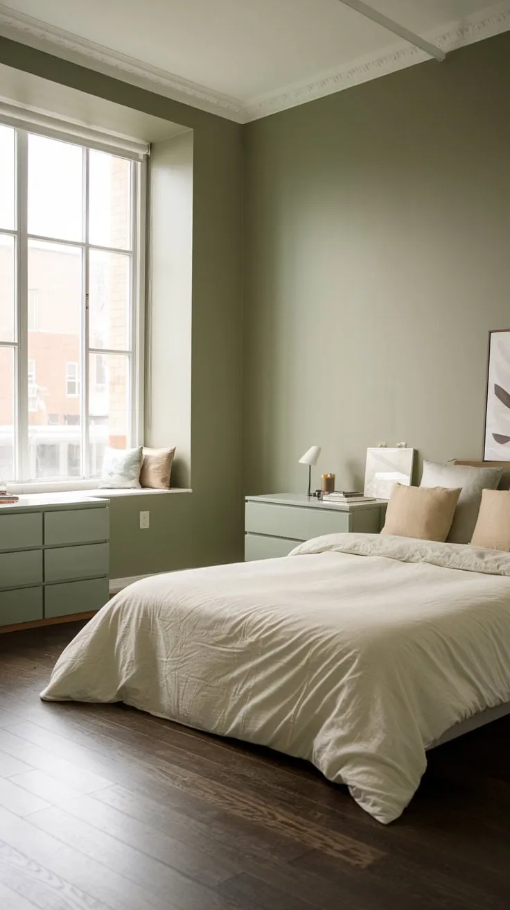 Sunlight streams into a minimalist sage green apartment bedroom featuring a white bed and dark wood floors