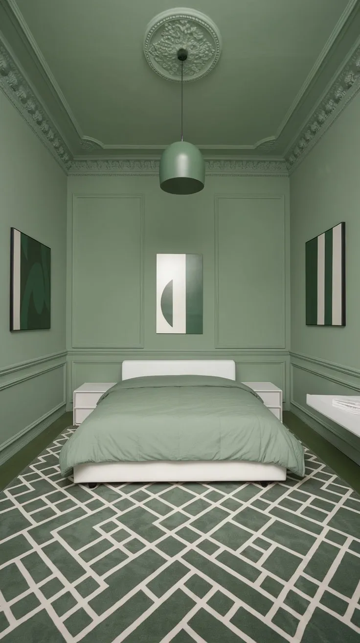 Soft sage green walls and furnishings, accented by white bedding and geometric rug, define a modern and peaceful apartment bedroom.