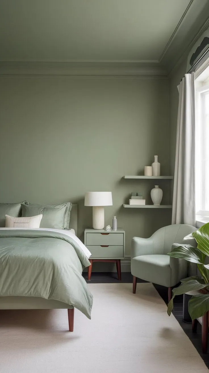 Soft sage green hues paint a tranquil modern apartment bedroom, accented by white furnishings and pops of greenery.