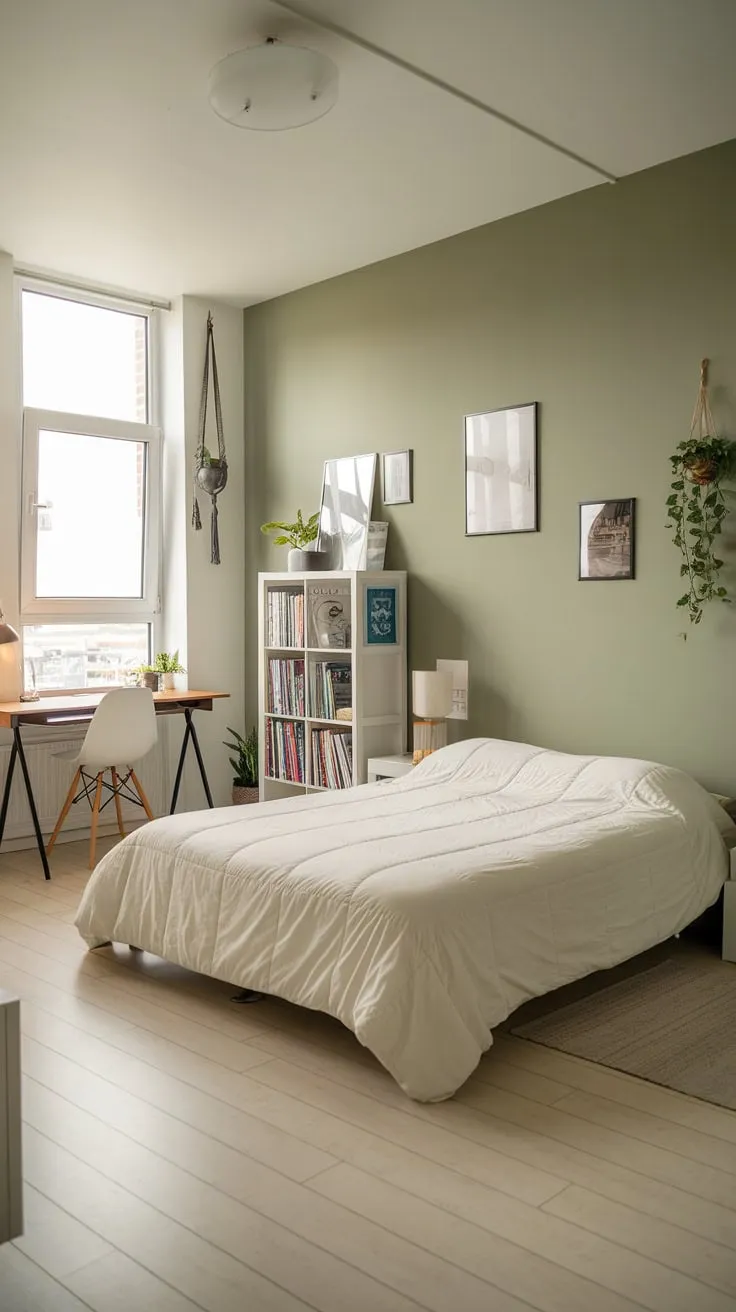 A serene modern apartment bedroom boasts a sage green accent wall, natural light, and thoughtful details like a queen bed and small workspace.
