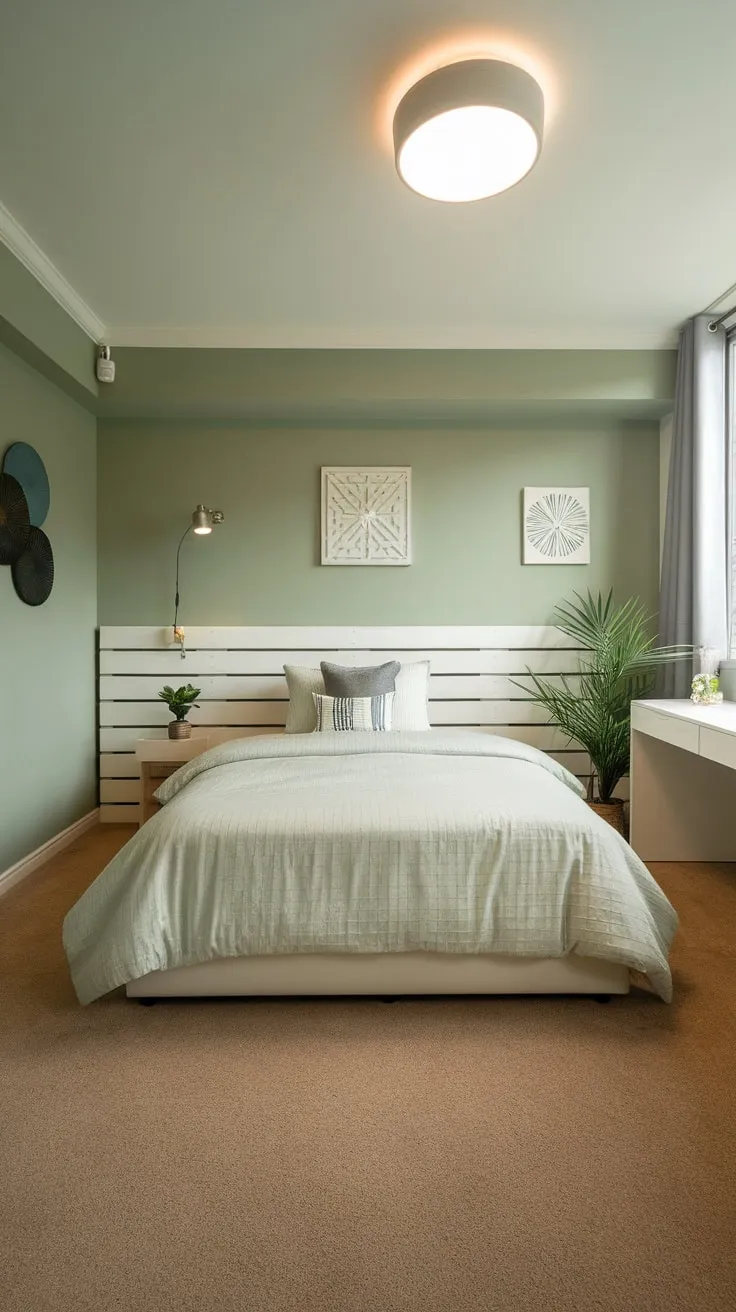 Modern and calming, this apartment bedroom boasts a queen-size bed, a white desk, and tasteful sage green walls.