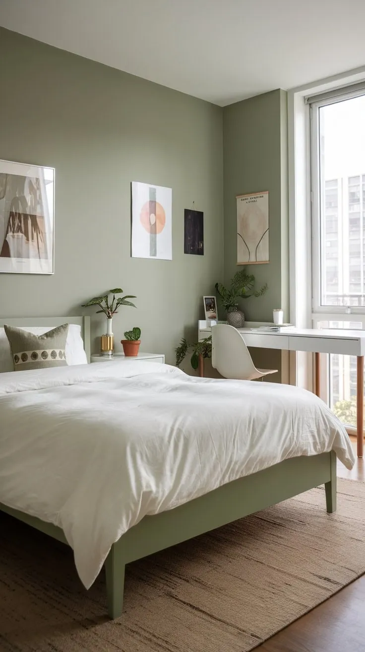 Modern minimalist design defines this apartment bedroom, featuring a sage green wall, white furniture, and subtle pops of color.