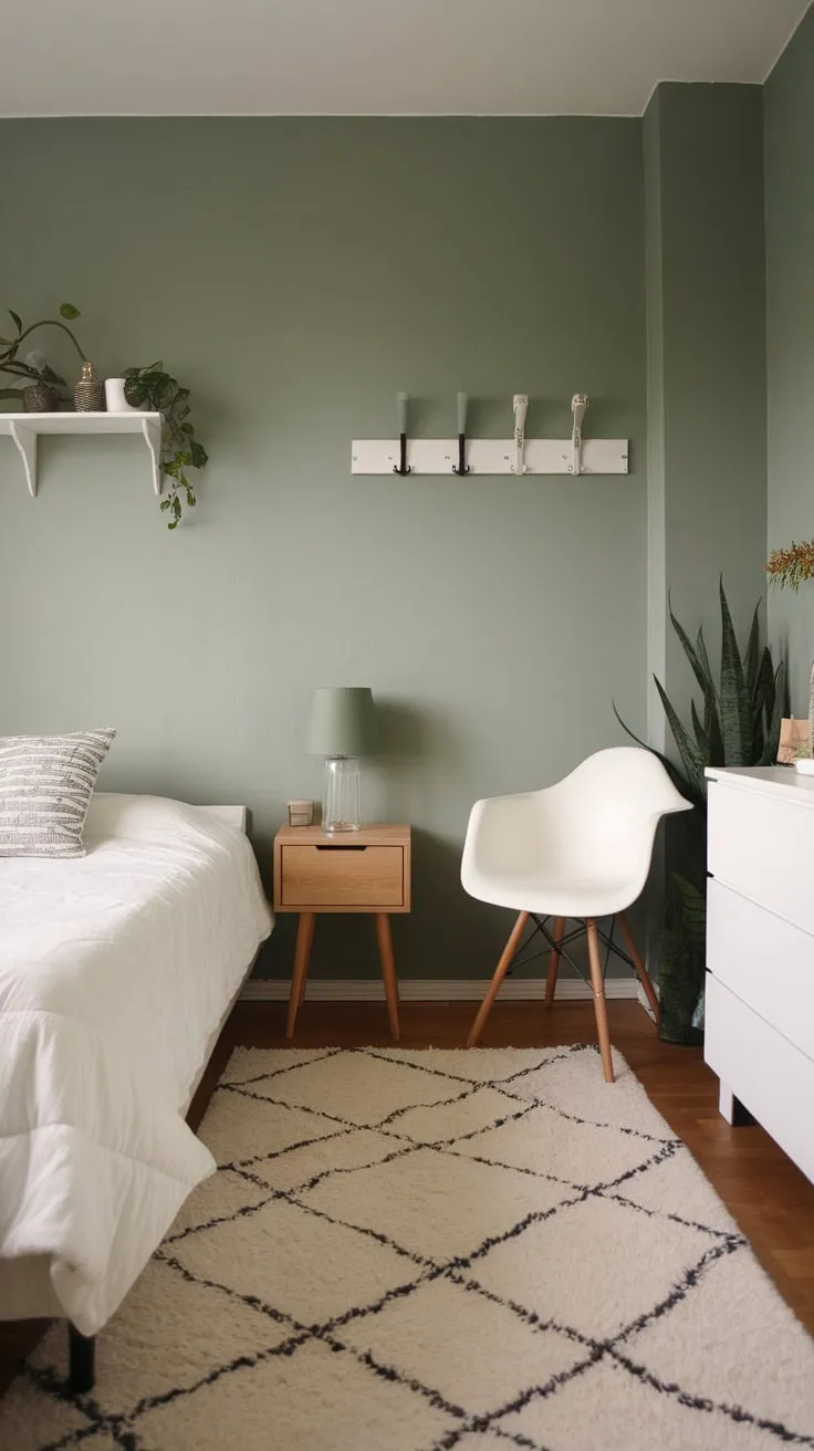 Modern white furniture and a calming green wall create a peaceful apartment bedroom retreat.