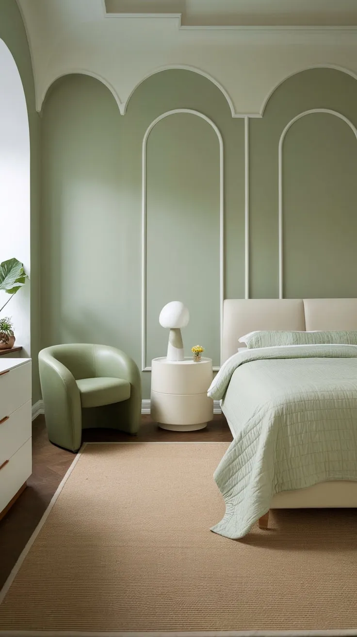 A serene sage green apartment bedroom boasts a queen bed, white accents, and a calming atmosphere.
