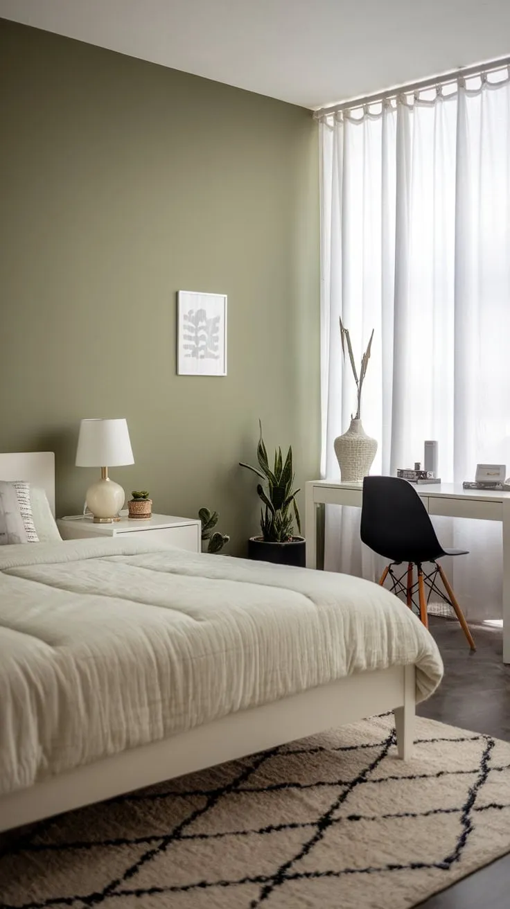 A serene sage green accent wall complements the minimalist white furniture and airy feel of this modern apartment bedroom.
