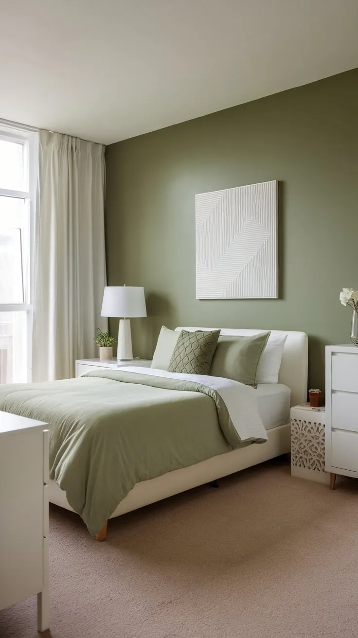 Calming sage green accents and crisp white furnishings create a peaceful retreat in this stylish apartment bedroom.